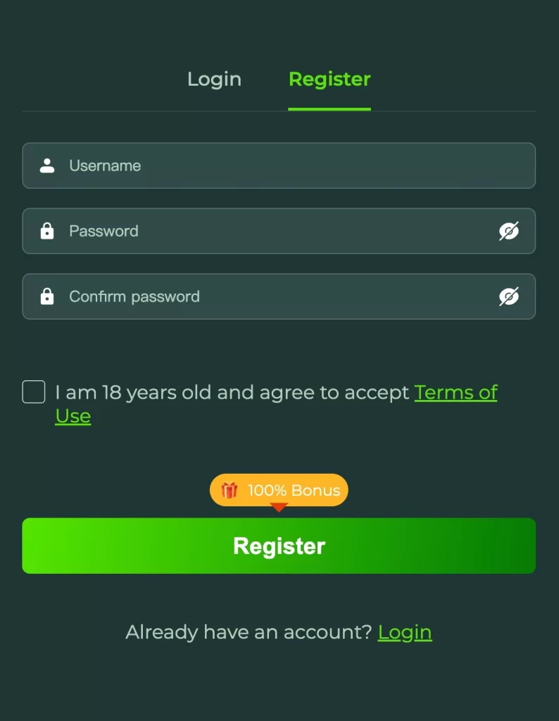 xgame user registration form on online casino homepage